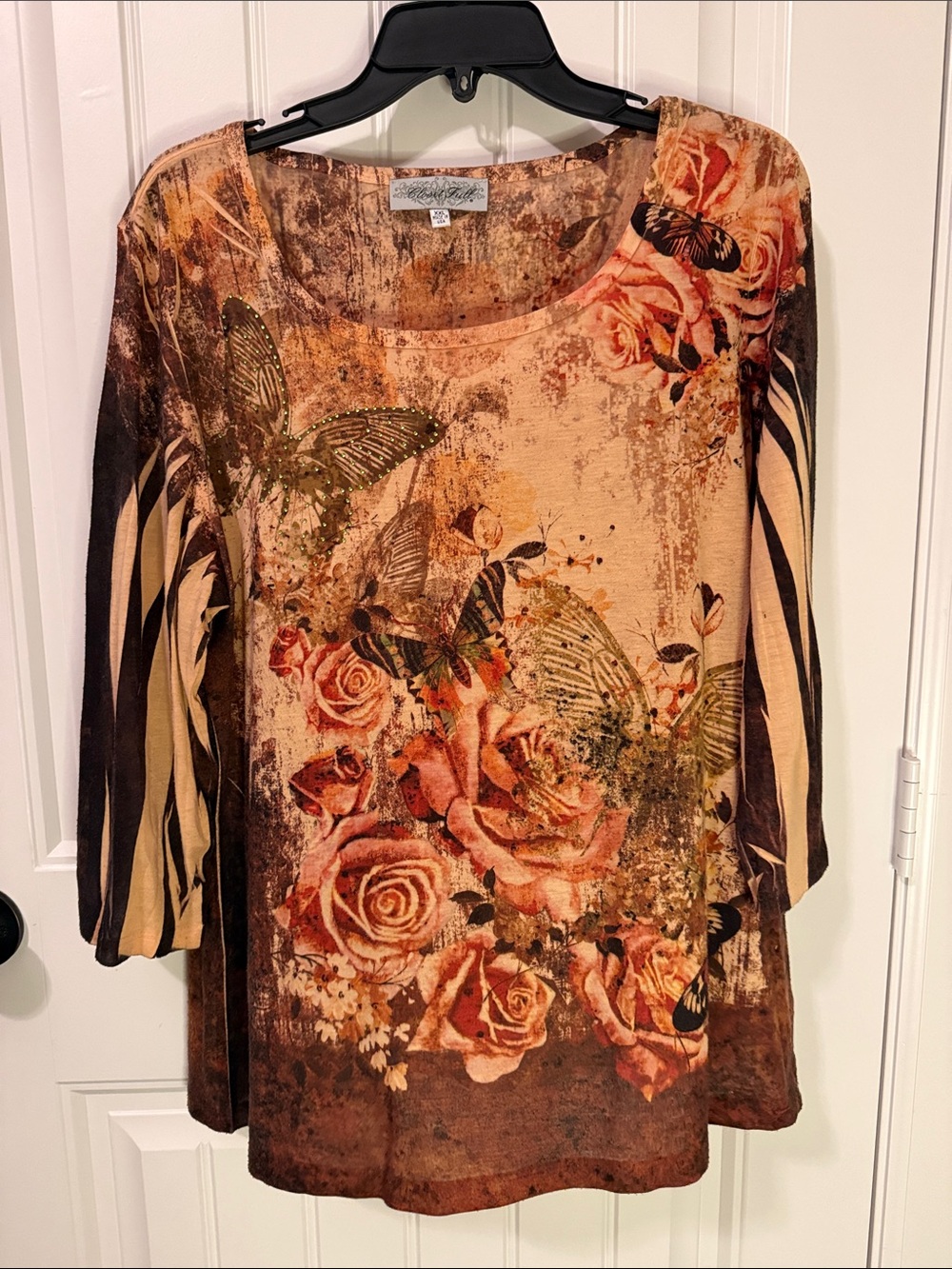 Floral Butterfly Scoop Neck Long Sleeve Top in Rust Brown with rhinestones